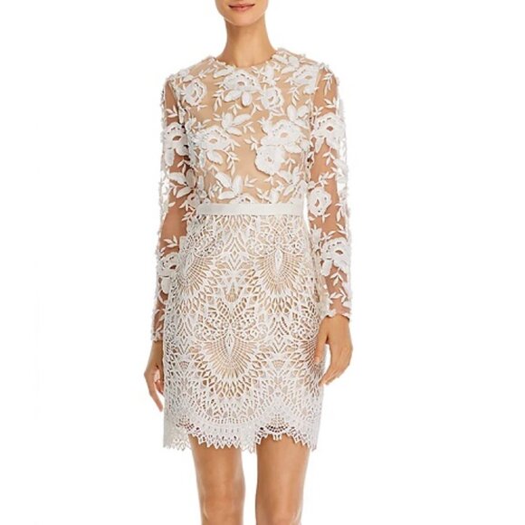ML Monique Lhuillier Calypso Floral Lace Dress 10 NEW White Nude Illusion Bridal - Picture 1 of 6